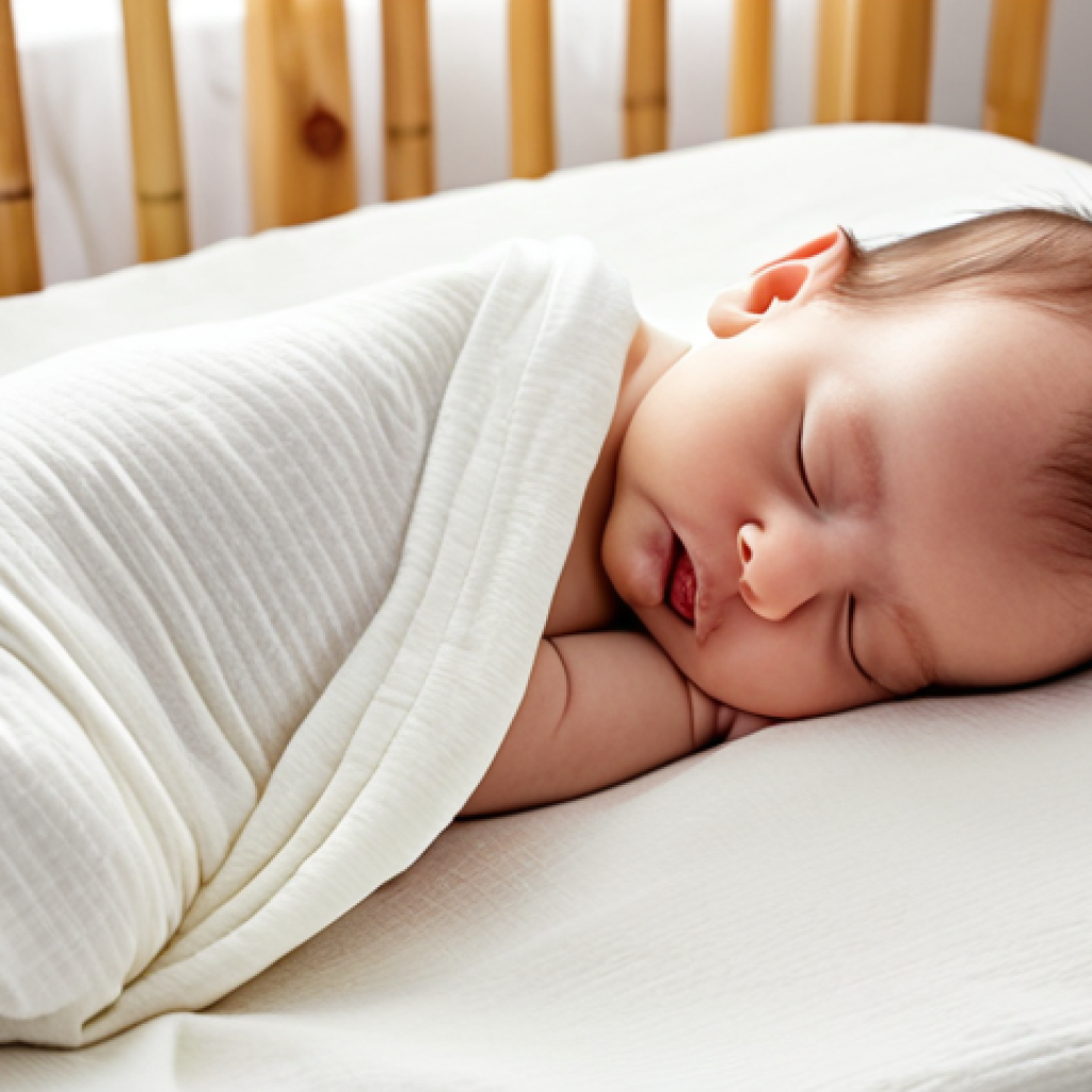 **

A newborn baby peacefully sleeping on a 100% cotton or bamboo swaddle blanket. Around the baby, display only a few essential items: a couple of plain white onesies, a small pack of gentle baby wipes, and a simple digital thermometer. The scene should be bright and clean, emphasizing minimalism and the baby's comfort.

**