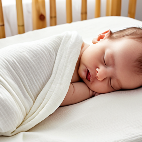 **

A newborn baby peacefully sleeping on a 100% cotton or bamboo swaddle blanket. Around the baby, display only a few essential items: a couple of plain white onesies, a small pack of gentle baby wipes, and a simple digital thermometer. The scene should be bright and clean, emphasizing minimalism and the baby's comfort.

**