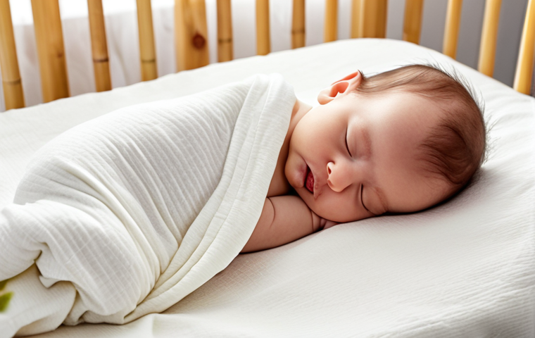 **

A newborn baby peacefully sleeping on a 100% cotton or bamboo swaddle blanket. Around the baby, display only a few essential items: a couple of plain white onesies, a small pack of gentle baby wipes, and a simple digital thermometer. The scene should be bright and clean, emphasizing minimalism and the baby's comfort.

**
