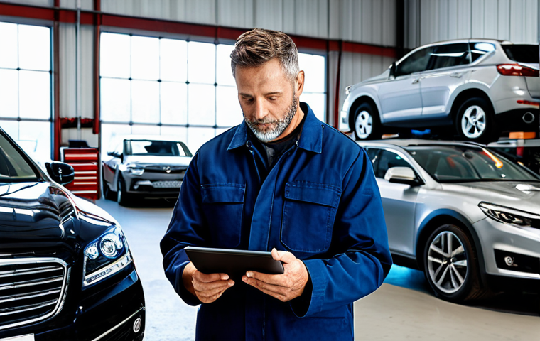 중고차 수리비용 - Car Inspection Checklist** "A person inspecting a used car engine bay, fully clothed in appropriate...