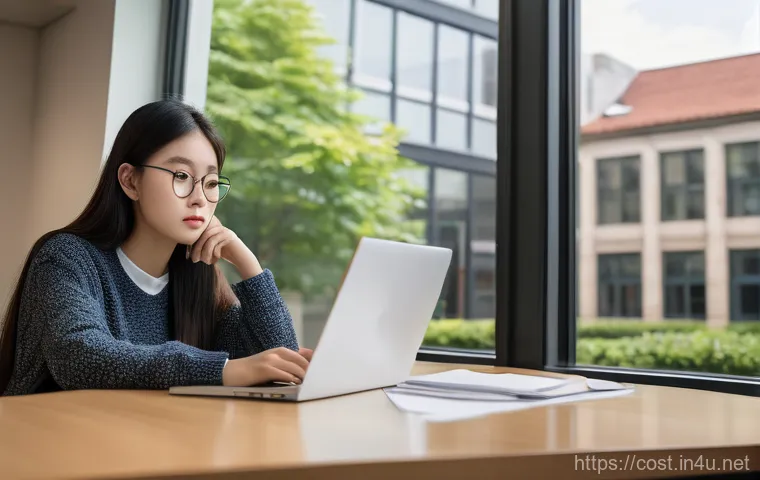 미국 유학비 - A focused East Asian university student, around 20-22 years old, sits at a clean, modern desk. They ...
