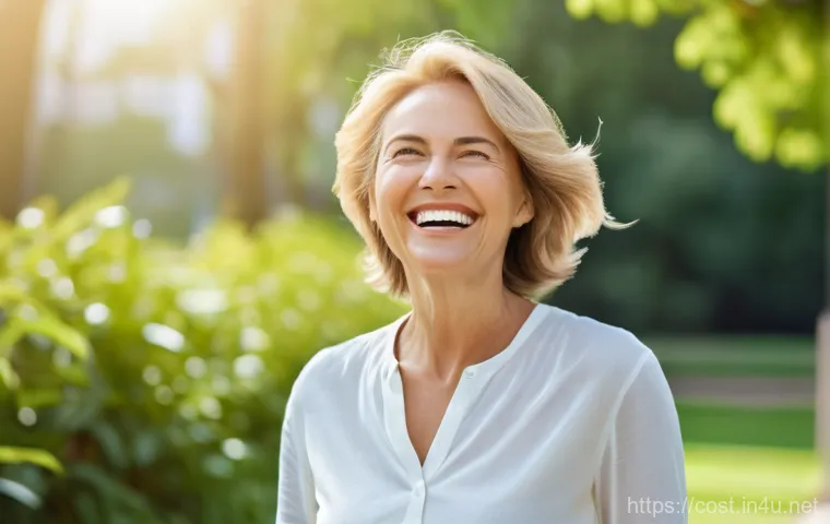 치과 임플란트 비용 - A radiant, middle-aged woman with a confident and beautiful smile, showcasing perfectly aligned teet...