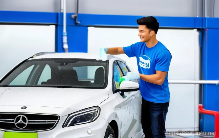자동차 세차 비용 - A vibrant, well-lit scene at a modern self-service car wash. A person, dressed in casual, clean atti...