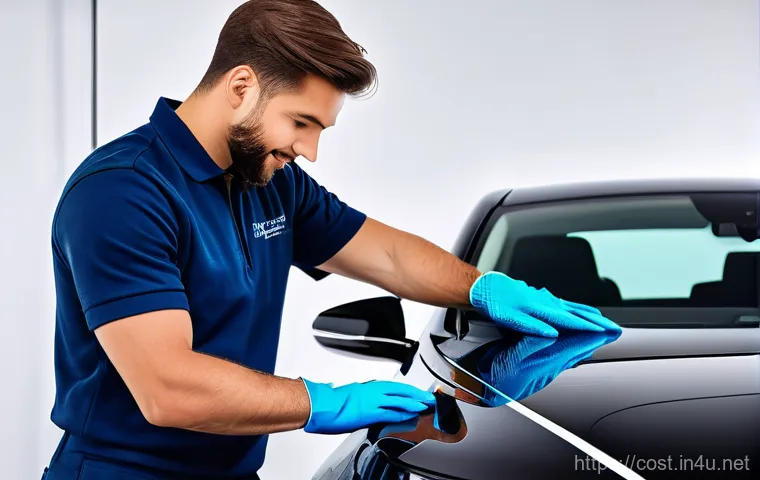 자동차 세차 비용 - A vibrant, well-lit scene at a modern self-service car wash. A person, dressed in casual, clean atti...