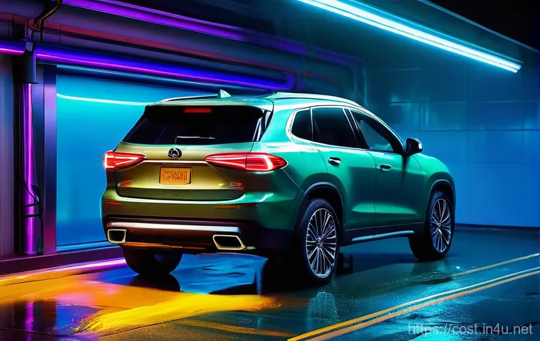 자동차 세차 비용 - An expert car detailer, wearing a clean uniform (polo shirt, work pants) and protective gloves, is m...