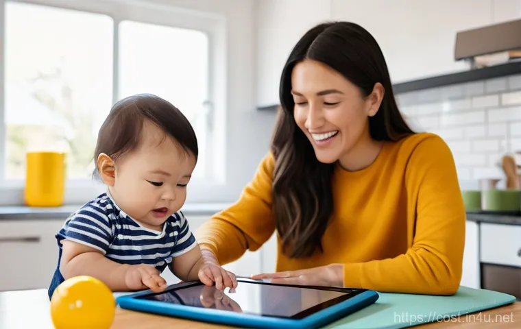 베이비시터 비용 - **Prompt:** A modern parent (a mother) sits at a kitchen island, looking at a tablet displaying vari...