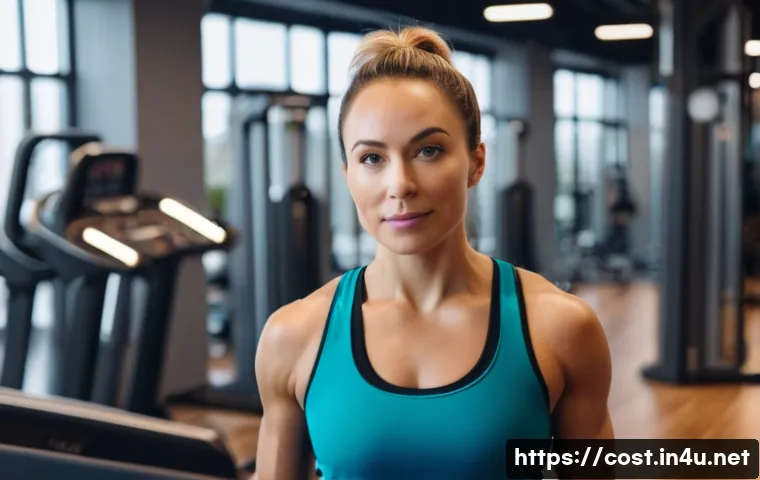 헬스장 회원권 - A woman in her early 30s, dressed in stylish activewear, stands in a brightly lit, modern gym. She i...