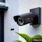 가정용 CCTV 설치비 - A modern home exterior featuring a professional outdoor CCTV camera mounted on the wall near the fro...