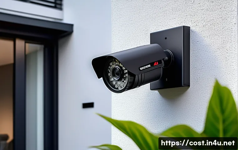 가정용 CCTV 설치비 - A modern home exterior featuring a professional outdoor CCTV camera mounted on the wall near the fro...
