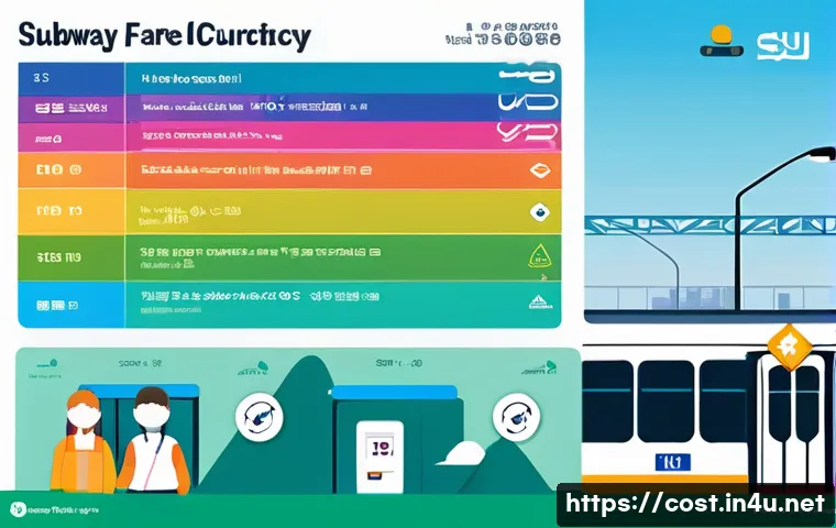 지하철 요금 - A detailed infographic illustrating the subway fare structure in Seoul, showing a modern subway trai...