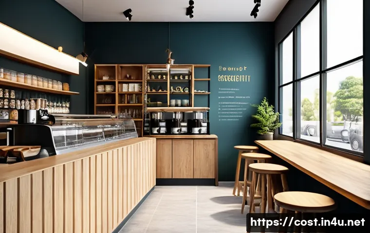 창업 비용 - A detailed scene of a small café startup interior showcasing efficient budget management: minimalist...